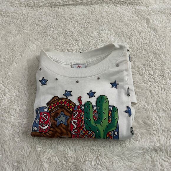 KWBL Tops - VTG 90's Cowgirl Western Graphic T-Shirt Embellished Made in USA Boho Indie